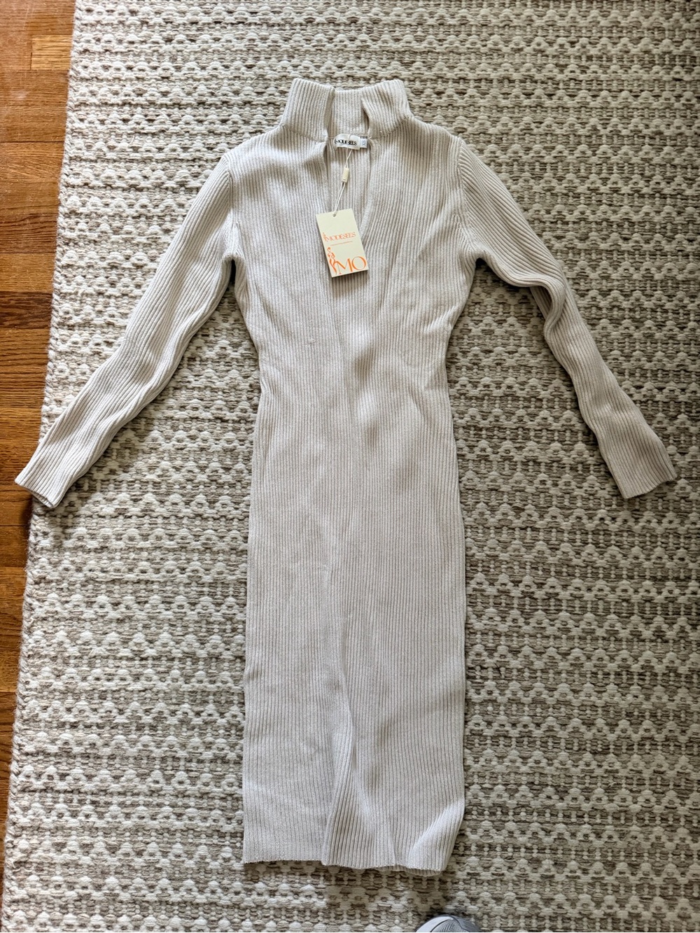 Ribbed Mock Neck Long Sleeve Midi Dress in Cream